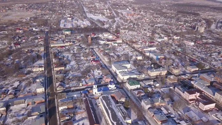 Зарайск зимой — аэросъёмка малоэтажной городской застройки